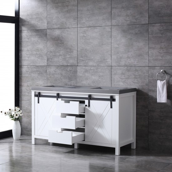 Marsyas 60" White Double Vanity, Grey Quartz Top, White Square Sinks and no Mirror