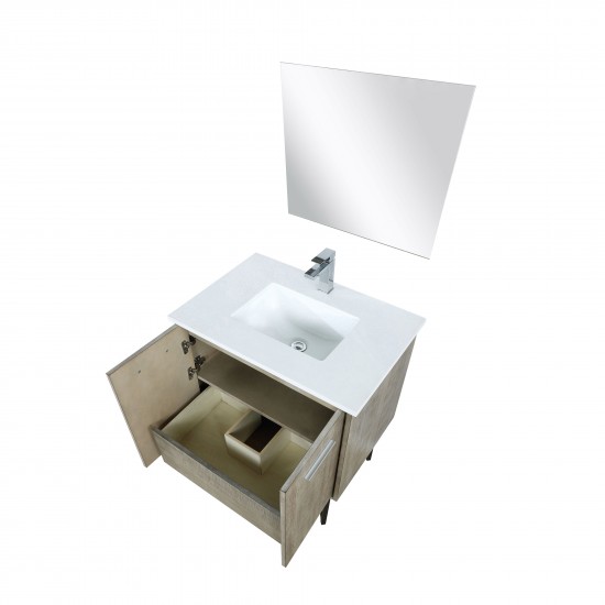 Lancy 30" Rustic Acacia Vanity, White Quartz Top, White Square Sink, Balzani Gun Metal Faucet Set, and 28" Frameless Mirror