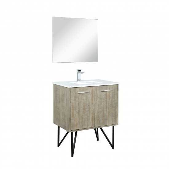 Lancy 30" Rustic Acacia Vanity, White Quartz Top, White Square Sink, Balzani Gun Metal Faucet Set, and 28" Frameless Mirror