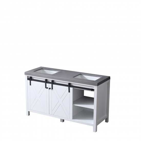 Marsyas 60" White Double Vanity, Grey Quartz Top, White Square Sinks and no Mirror