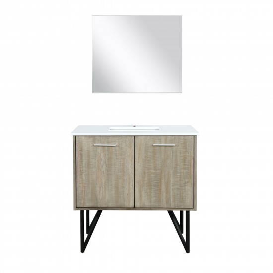 Lancy 36" Rustic Acacia Bathroom Vanity, White Quartz Top, White Square Sink, and 28" Frameless Mirror