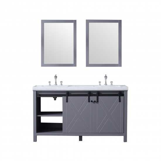 Marsyas 60" Dark Grey Double Vanity, White Carrara Marble Top, White Square Sinks and 24" Mirrors w/ Faucets