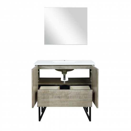 Lancy 36" Rustic Acacia Bathroom Vanity, White Quartz Top, White Square Sink, and 28" Frameless Mirror