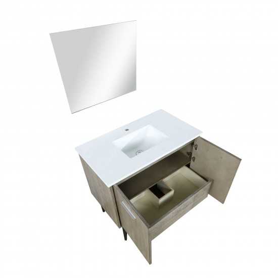 Lancy 36" Rustic Acacia Bathroom Vanity, White Quartz Top, White Square Sink, and 28" Frameless Mirror