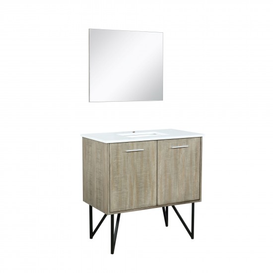 Lancy 36" Rustic Acacia Bathroom Vanity, White Quartz Top, White Square Sink, and 28" Frameless Mirror