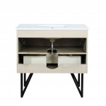 Lancy 36" Rustic Acacia Bathroom Vanity, White Quartz Top, White Square Sink, and 28" Frameless Mirror