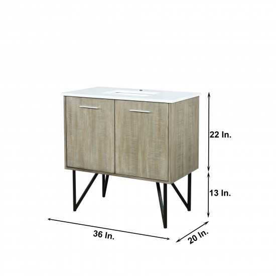 Lancy 36" Rustic Acacia Bathroom Vanity, White Quartz Top, White Square Sink, and 28" Frameless Mirror