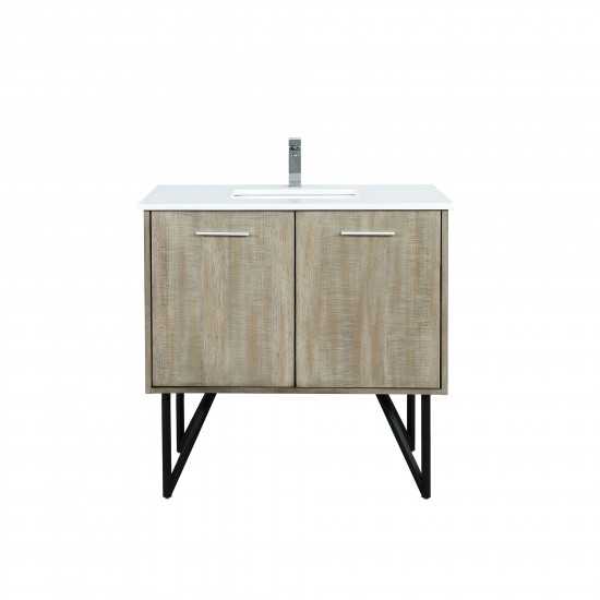 Lancy 36" Rustic Acacia Bathroom Vanity, White Quartz Top, White Square Sink, and Monte Chrome Faucet Set