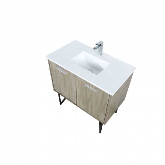 Lancy 36" Rustic Acacia Bathroom Vanity, White Quartz Top, White Square Sink, and Monte Chrome Faucet Set