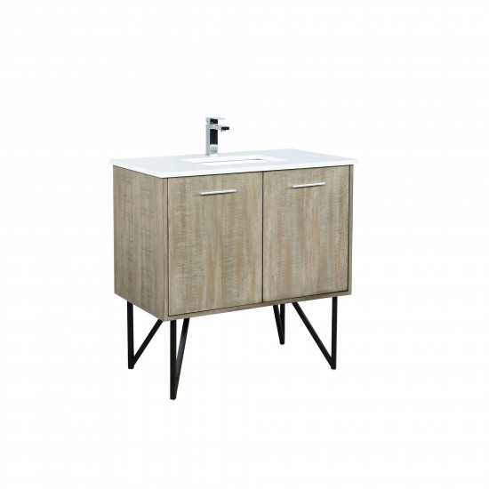 Lancy 36" Rustic Acacia Bathroom Vanity, White Quartz Top, White Square Sink, and Monte Chrome Faucet Set