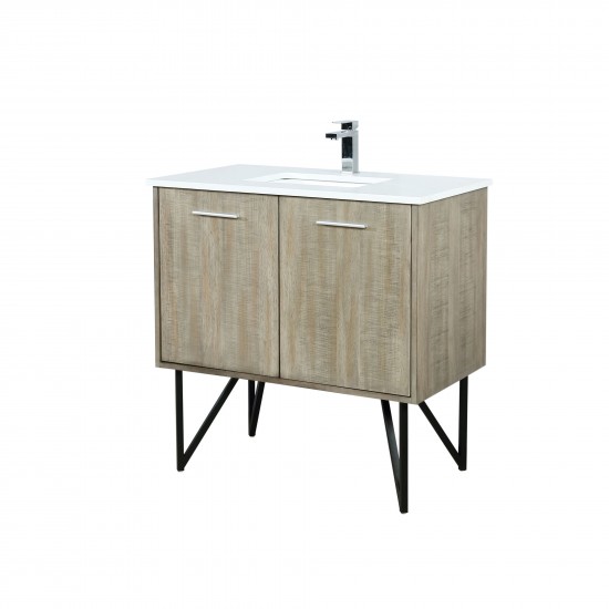 Lancy 36" Rustic Acacia Bathroom Vanity, White Quartz Top, White Square Sink, and Monte Chrome Faucet Set