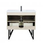 Lancy 36" Rustic Acacia Bathroom Vanity, White Quartz Top, White Square Sink, and Monte Chrome Faucet Set