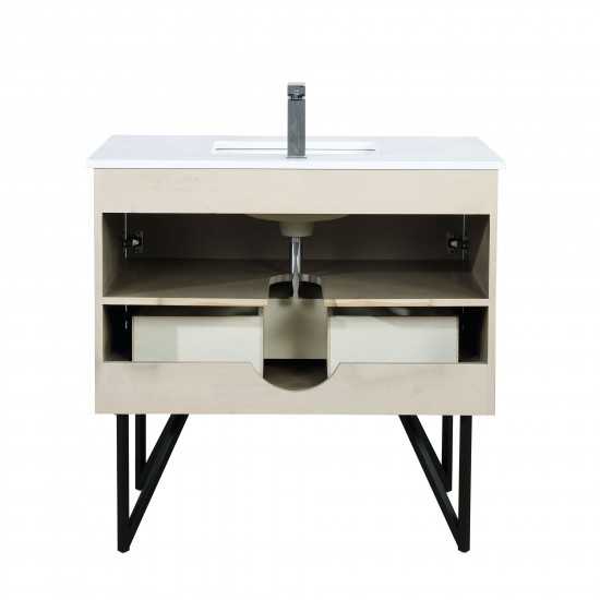 Lancy 36" Rustic Acacia Bathroom Vanity, White Quartz Top, White Square Sink, and Monte Chrome Faucet Set
