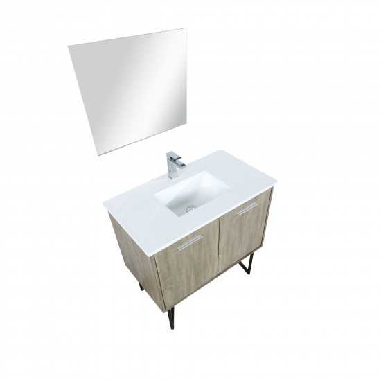 Lancy 36" Rustic Acacia Bathroom Vanity, White Quartz Top, White Square Sink, Monte Chrome Faucet Set, and 28" Frameless Mirr