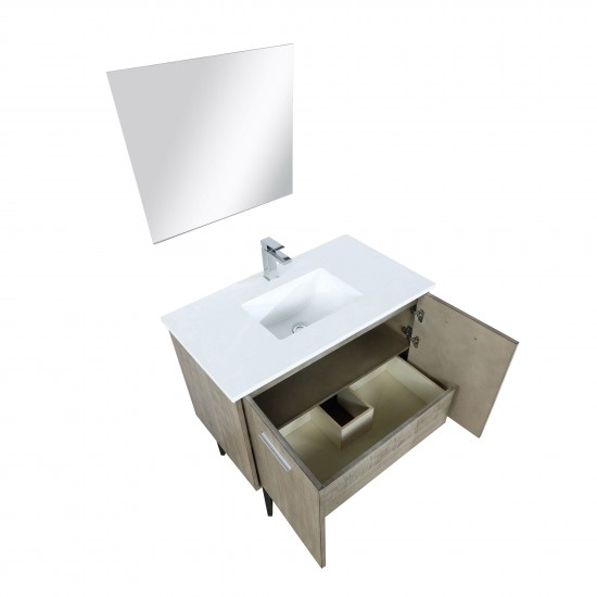 Lancy 36" Rustic Acacia Bathroom Vanity, White Quartz Top, White Square Sink, Monte Chrome Faucet Set, and 28" Frameless Mirr