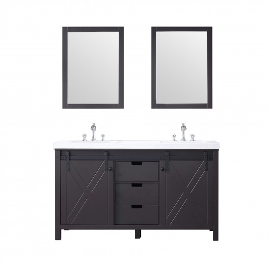 Marsyas 60" Brown Double Vanity, White Quartz Top, White Square Sinks and 24" Mirrors w/ Faucets