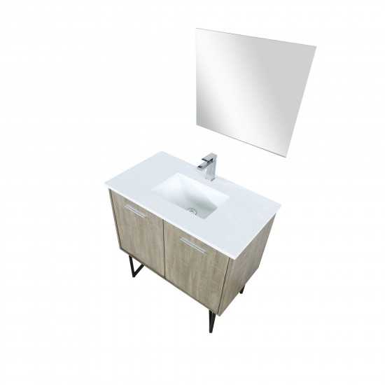 Lancy 36" Rustic Acacia Bathroom Vanity, White Quartz Top, White Square Sink, Monte Chrome Faucet Set, and 28" Frameless Mirr