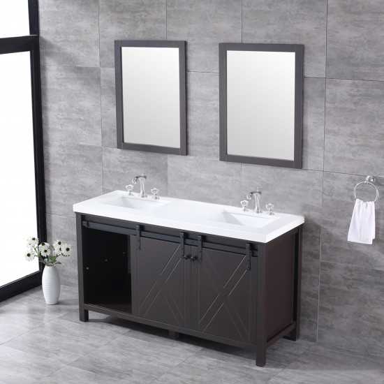 Marsyas 60" Brown Double Vanity, White Quartz Top, White Square Sinks and 24" Mirrors w/ Faucets