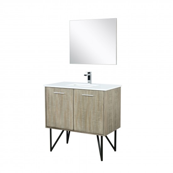 Lancy 36" Rustic Acacia Bathroom Vanity, White Quartz Top, White Square Sink, Monte Chrome Faucet Set, and 28" Frameless Mirr