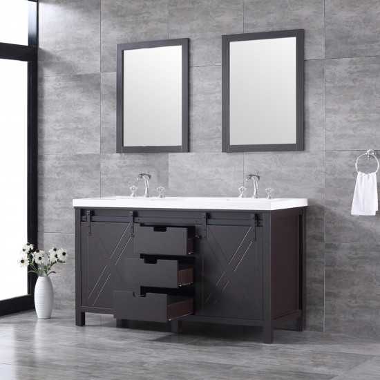 Marsyas 60" Brown Double Vanity, White Quartz Top, White Square Sinks and 24" Mirrors w/ Faucets