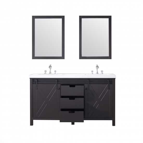 Marsyas 60" Brown Double Vanity, White Quartz Top, White Square Sinks and 24" Mirrors w/ Faucets