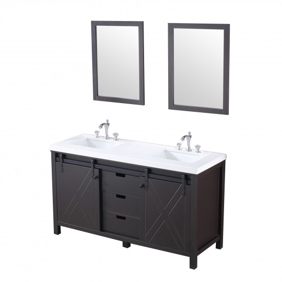 Marsyas 60" Brown Double Vanity, White Quartz Top, White Square Sinks and 24" Mirrors w/ Faucets