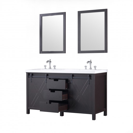 Marsyas 60" Brown Double Vanity, White Quartz Top, White Square Sinks and 24" Mirrors w/ Faucets