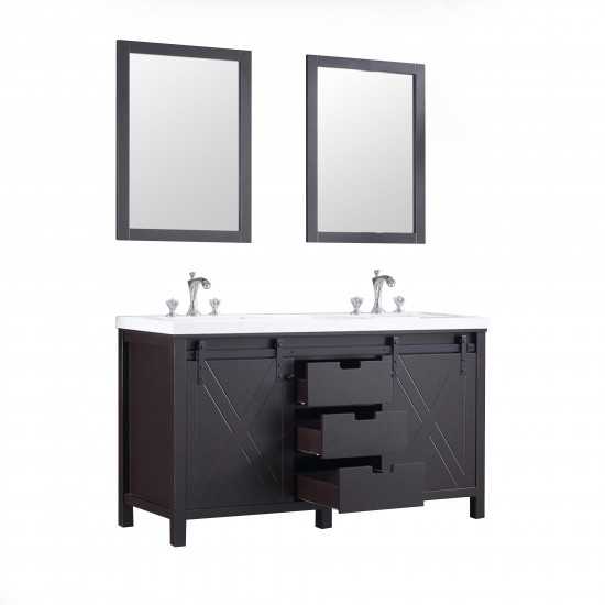 Marsyas 60" Brown Double Vanity, White Quartz Top, White Square Sinks and 24" Mirrors w/ Faucets