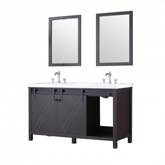 Marsyas 60" Brown Double Vanity, White Quartz Top, White Square Sinks and 24" Mirrors w/ Faucets