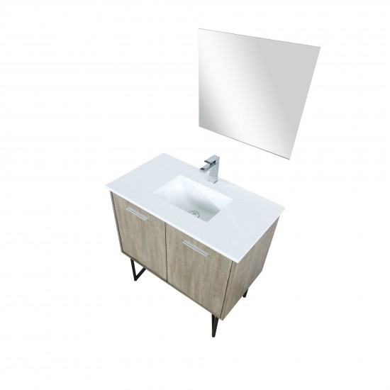 Lancy 36" Rustic Acacia Vanity, White Quartz Top, White Square Sink, Labaro Brushed Nickel Faucet Set, and 28" Frameless Mirr