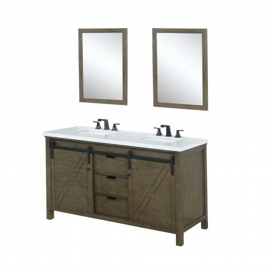 Marsyas 60" Rustic Brown Double Vanity, White Quartz Top, White Square Sinks and 24" Mirrors w/ Faucets