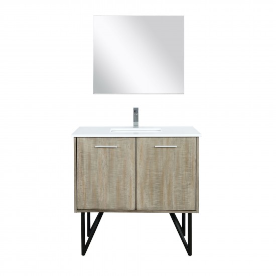 Lancy 36" Rustic Acacia Vanity, White Quartz Top, White Square Sink, Labaro Rose Gold Faucet Set, and 28" Frameless Mirror