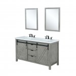 Marsyas 60" Ash Grey Double Vanity, White Quartz Top, White Square Sinks and 24" Mirrors w/ Faucets