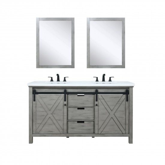 Marsyas 60" Ash Grey Double Vanity, White Quartz Top, White Square Sinks and 24" Mirrors w/ Faucets