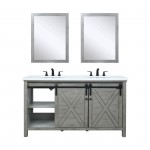 Marsyas 60" Ash Grey Double Vanity, White Quartz Top, White Square Sinks and 24" Mirrors w/ Faucets