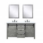 Marsyas 60" Ash Grey Double Vanity, White Quartz Top, White Square Sinks and 24" Mirrors w/ Faucets