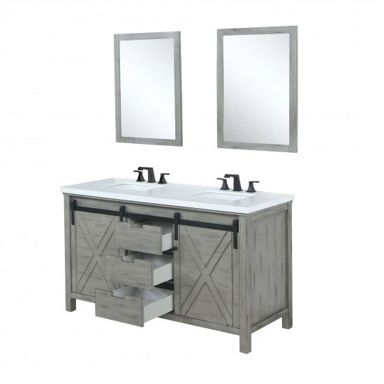 Marsyas 60" Ash Grey Double Vanity, White Quartz Top, White Square Sinks and 24" Mirrors w/ Faucets