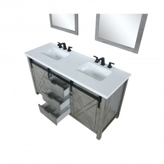 Marsyas 60" Ash Grey Double Vanity, White Quartz Top, White Square Sinks and 24" Mirrors w/ Faucets