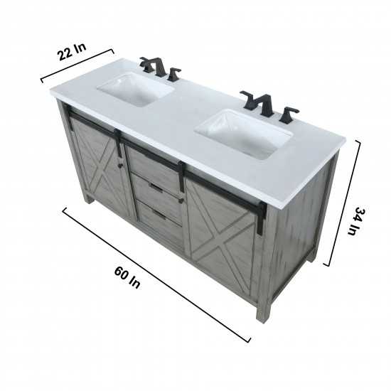 Marsyas 60" Ash Grey Double Vanity, White Quartz Top, White Square Sinks and 24" Mirrors w/ Faucets