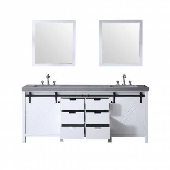 Marsyas 80" White Double Vanity, Grey Quartz Top, White Square Sinks and 30" Mirrors w/ Faucets