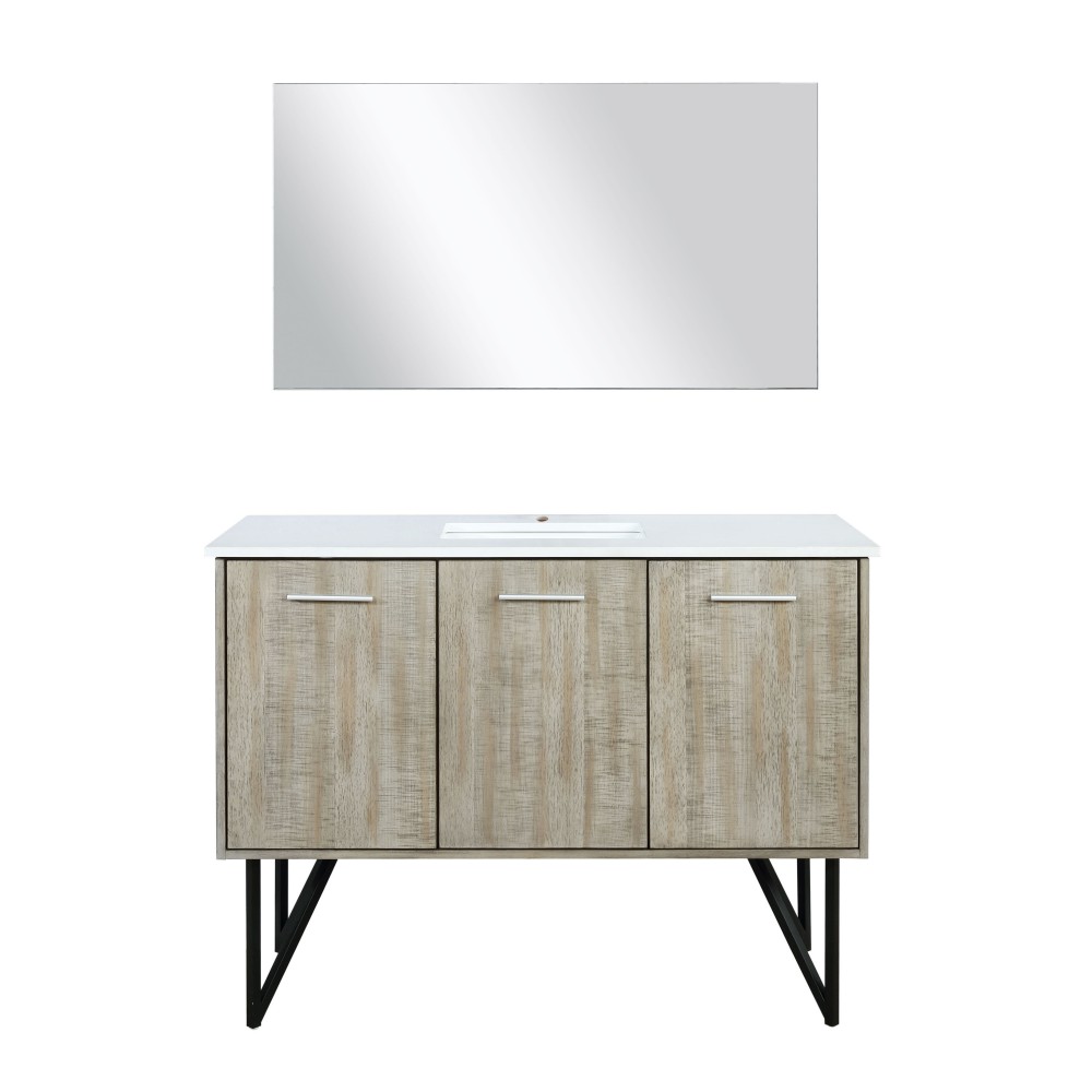 Lancy 48" Rustic Acacia Bathroom Vanity, White Quartz Top, White Square Sink, and 43" Frameless Mirror