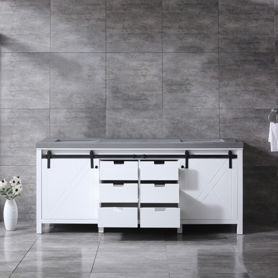 Marsyas 80" White Double Vanity, Grey Quartz Top, White Square Sinks and no Mirror