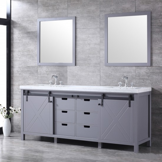 Marsyas 80" Dark Grey Double Vanity, White Carrara Marble Top, White Square Sinks and 30" Mirrors w/ Faucets