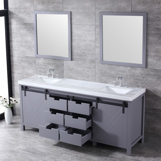 Marsyas 80" Dark Grey Double Vanity, White Carrara Marble Top, White Square Sinks and 30" Mirrors w/ Faucets