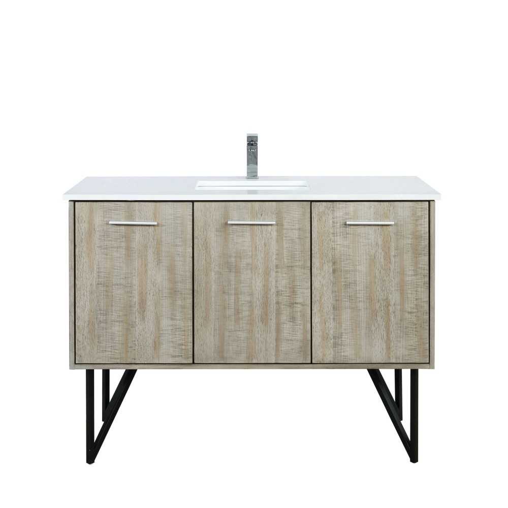 Lancy 48" Rustic Acacia Bathroom Vanity, White Quartz Top, White Square Sink, and Labaro Brushed Nickel Faucet Set