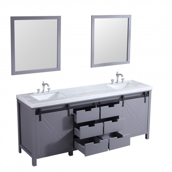 Marsyas 80" Dark Grey Double Vanity, White Carrara Marble Top, White Square Sinks and 30" Mirrors w/ Faucets