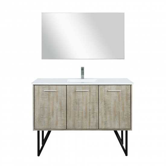 Lancy 48" Rustic Acacia Vanity, White Quartz Top, White Square Sink, Labaro Brushed Nickel Faucet Set, and 43" Frameless Mirr