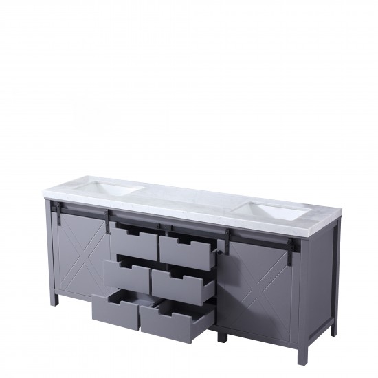 Marsyas 80" Dark Grey Double Vanity, White Carrara Marble Top, White Square Sinks and no Mirror