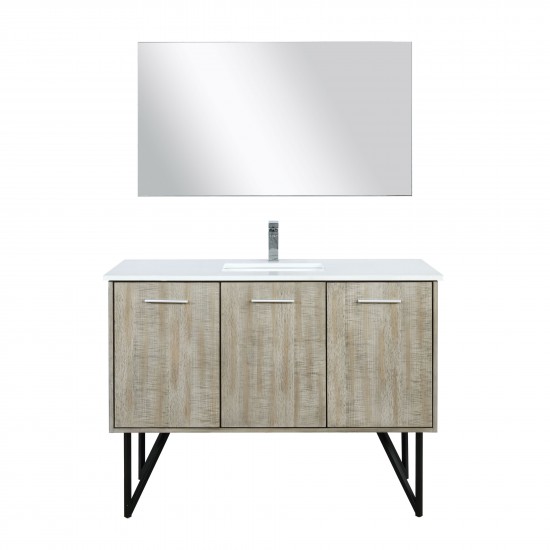 Lancy 48" Rustic Acacia Vanity, White Quartz Top, White Square Sink, Labaro Rose Gold Faucet Set, and 43" Frameless Mirror