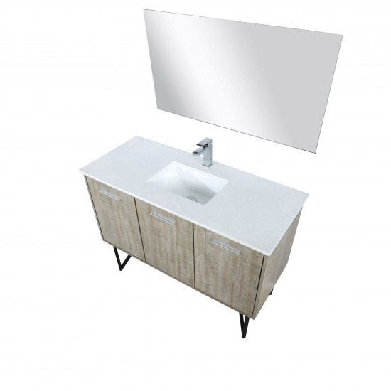 Lancy 48" Rustic Acacia Vanity, White Quartz Top, White Square Sink, Labaro Rose Gold Faucet Set, and 43" Frameless Mirror